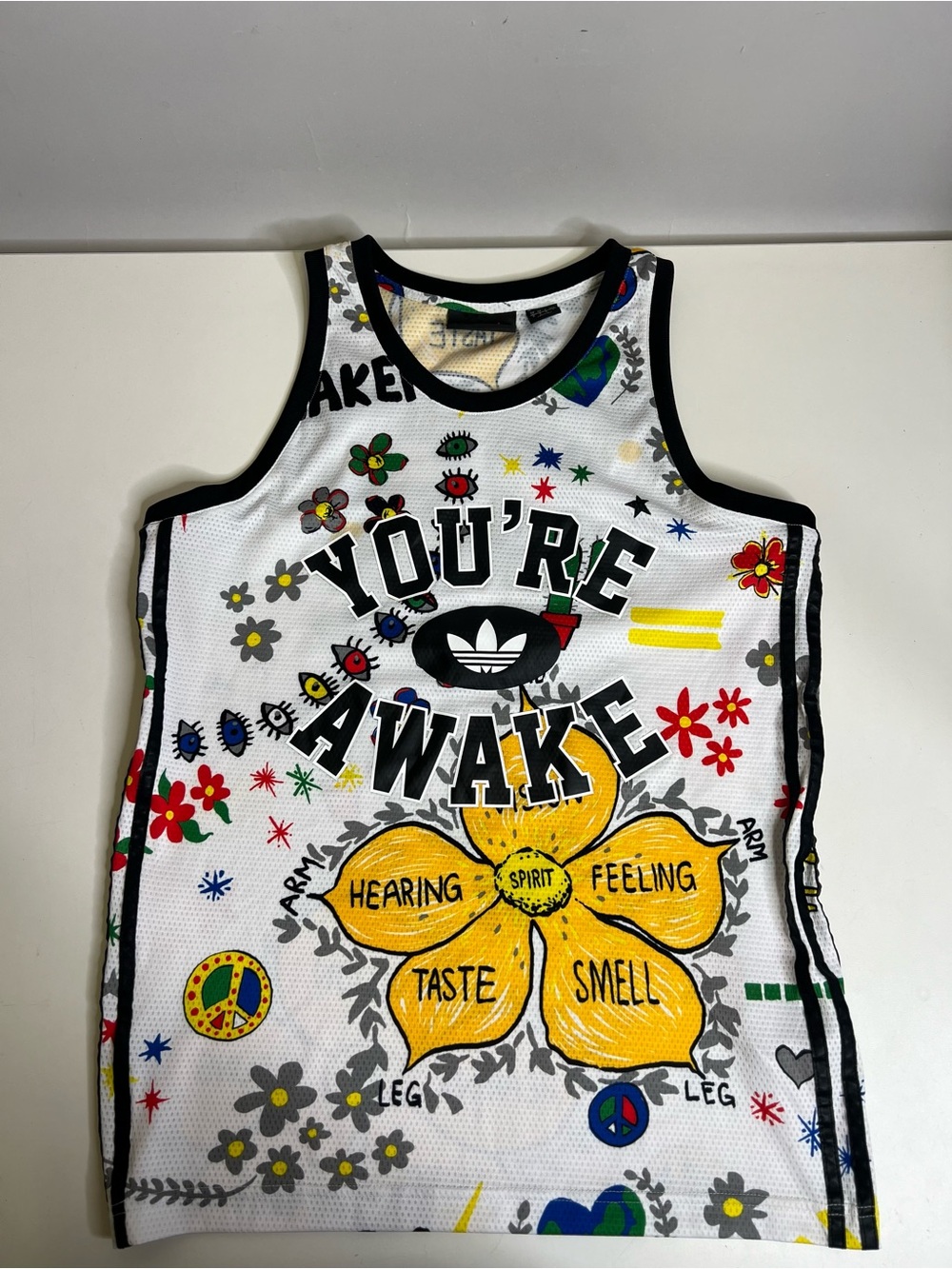 Adidas "You're Awake" Graphic Tank Top - White Yellow Floral Medium